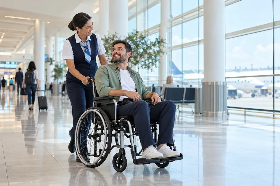 Airport staff member assisting a traveller using a wheelchair