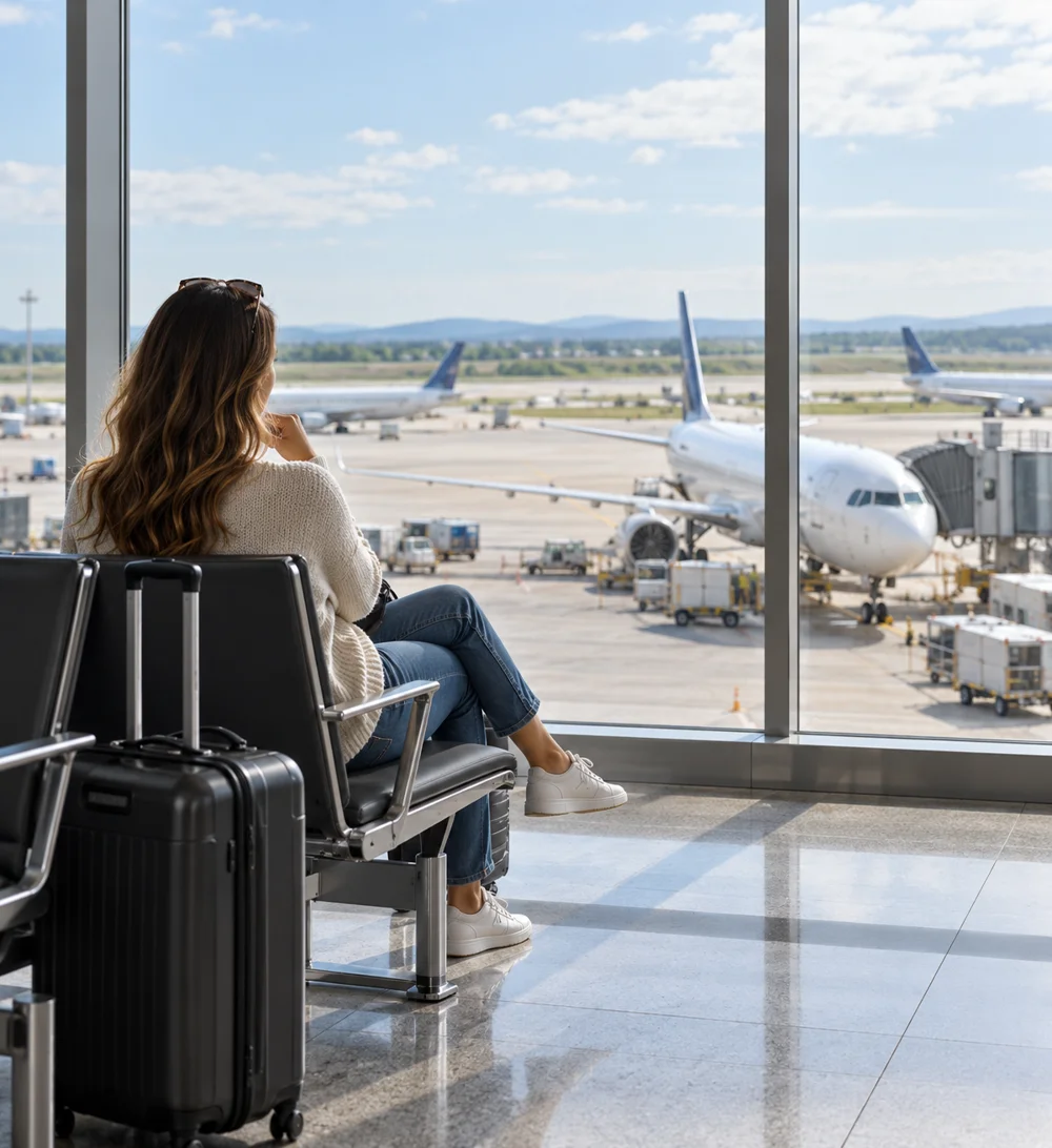 A traveller seated beside a terminal window, looking towards an aircraft