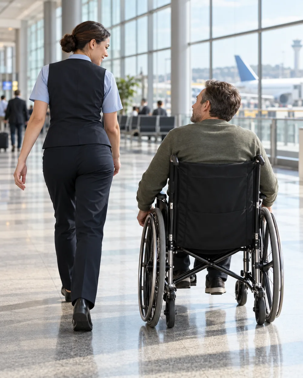 A traveller using a wheelchair in a bright terminal