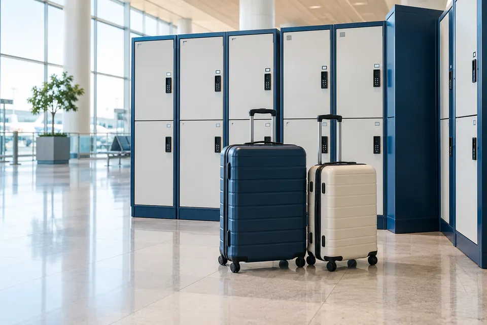 Suitcases beside luggage storage lockers