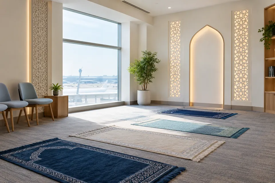 Quiet prayer room with prayer mats and seating