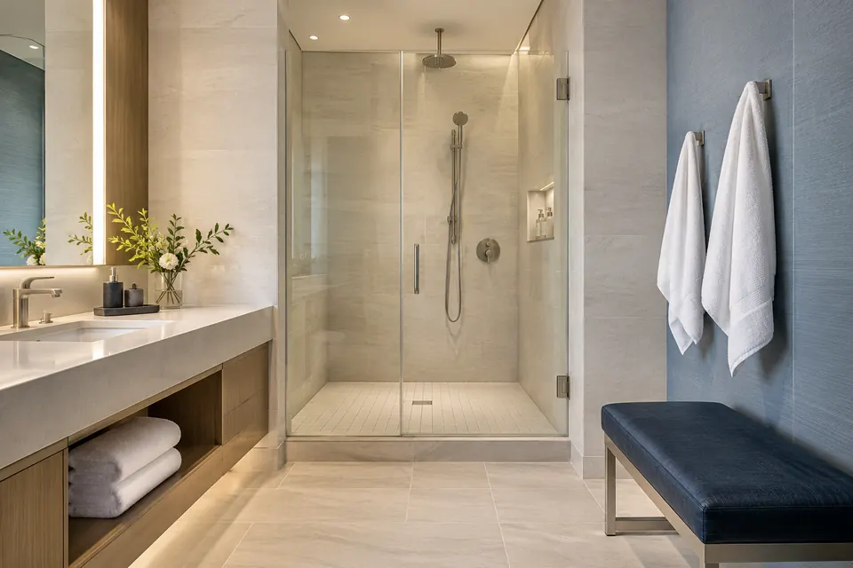 Shower room with towels, a bench and a glass shower enclosure