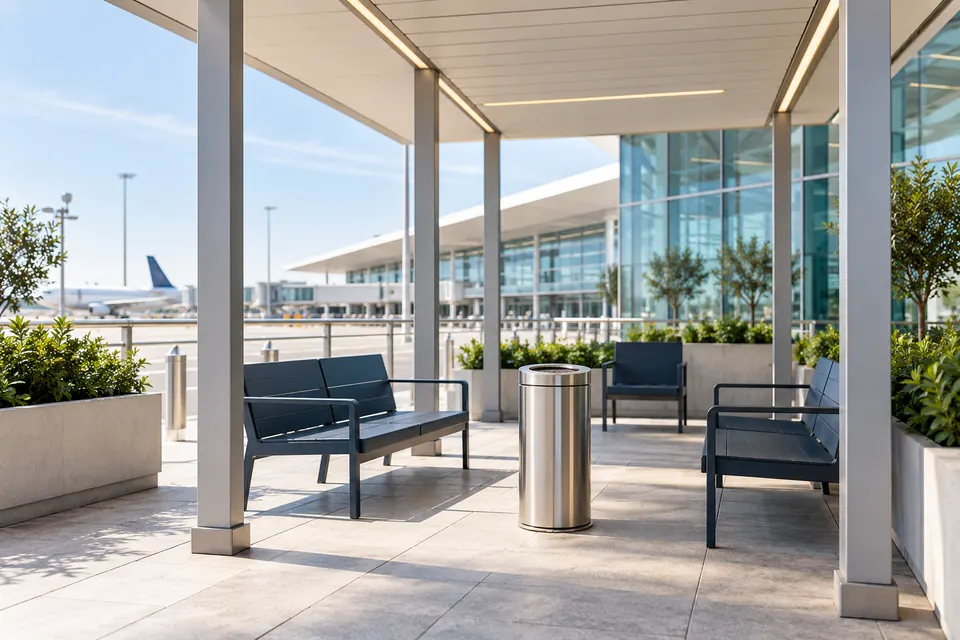 Covered outdoor smoking area with seating beside a terminal