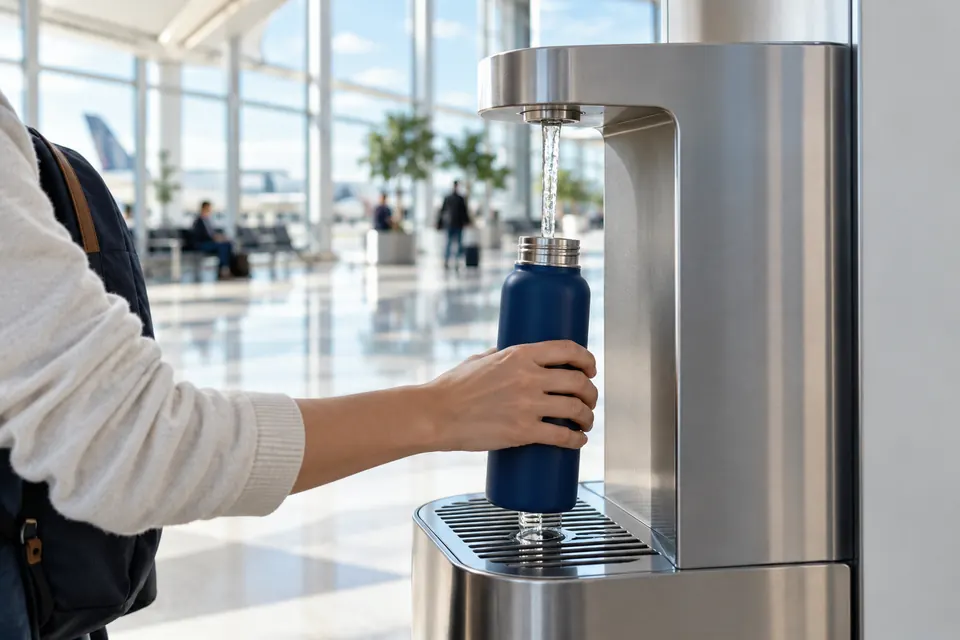 Reusable bottle being filled at an airport water refill station