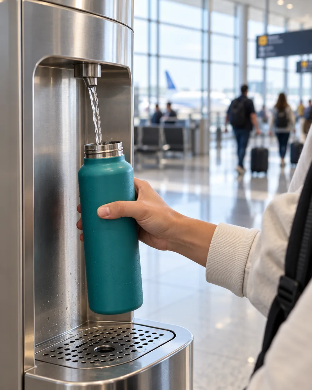 Reusable water bottle being filled at a drinking water station